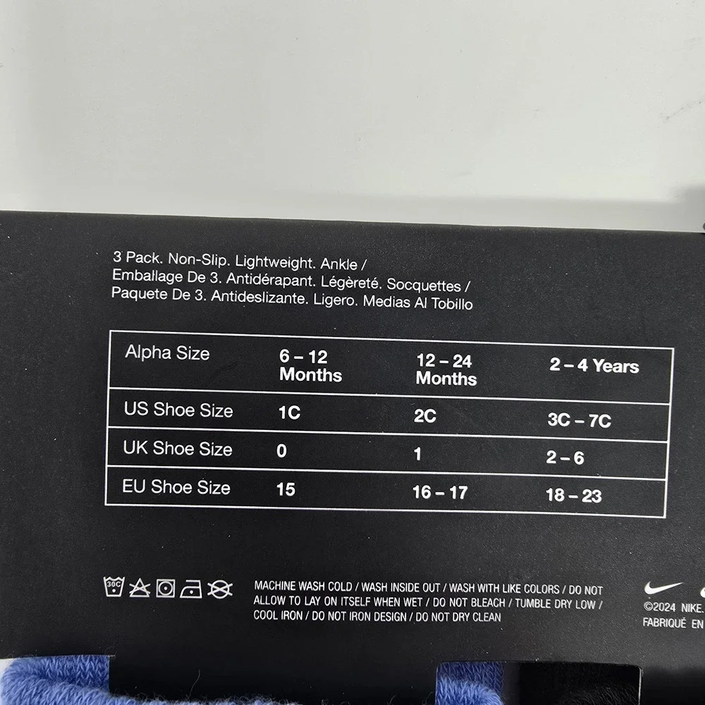 Nike Baby 3 Pair Non Slip Lightweight Ankle Socks~Blue, Black & White 12‎ - 24 M